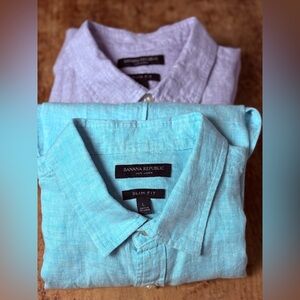 Banana Republic 100% Linen BUNDLE Men’s Slim Fit SzL Button Down Teal & Purple